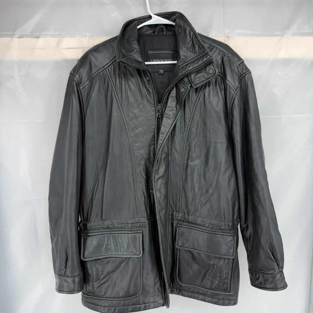 London Fog Men M Leather Jacket Full Zip Black Long Sleeve Lined Outdoor Layer
